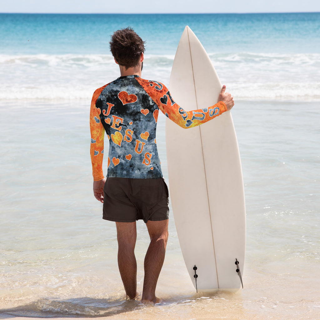 I Love Jesus w/Hearts Blue & Orange AOP - (Men's Rash Guard)