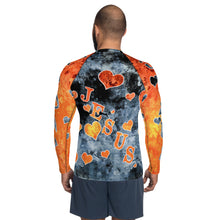 Load image into Gallery viewer, I Love Jesus w/Hearts Blue &amp; Orange AOP - (Men&#39;s Rash Guard)
