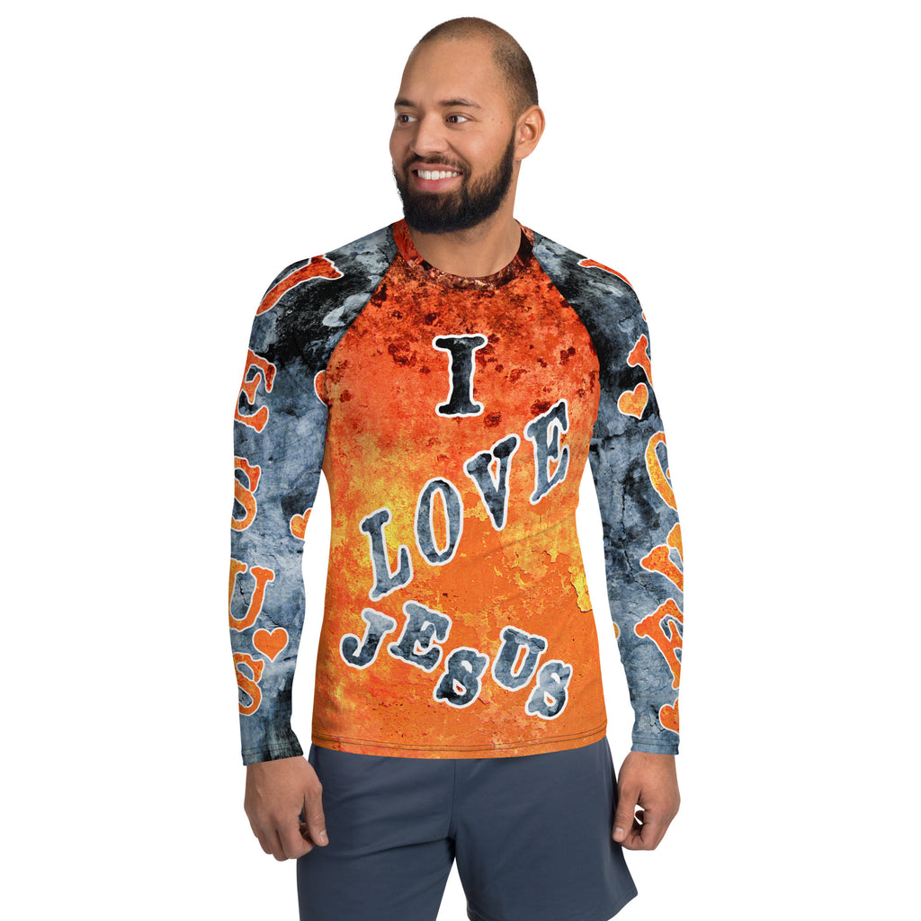 I Love Jesus w/Hearts Orange & Blue AOP - (Men's Rash Guard)