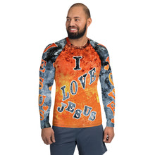 Load image into Gallery viewer, I Love Jesus w/Hearts Orange &amp; Blue AOP - (Men&#39;s Rash Guard)
