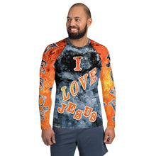 Load image into Gallery viewer, I Love Jesus w/Hearts Blue &amp; Orange AOP - (Men&#39;s Rash Guard)
