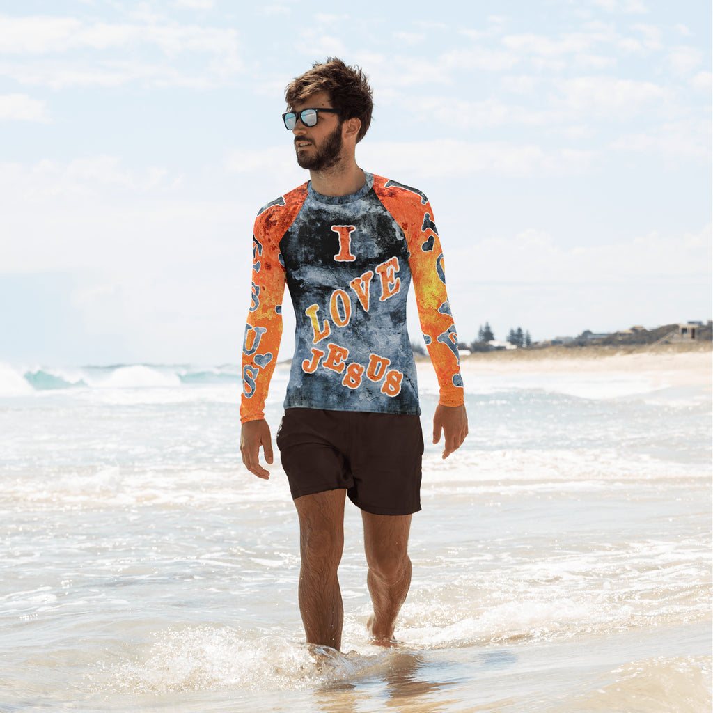 I Love Jesus w/Hearts Blue & Orange AOP - (Men's Rash Guard)