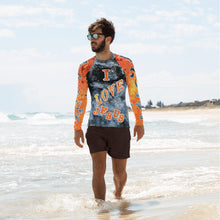 Load image into Gallery viewer, I Love Jesus w/Hearts Blue &amp; Orange AOP - (Men&#39;s Rash Guard)
