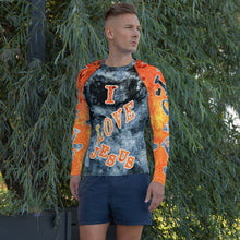 Load image into Gallery viewer, I Love Jesus w/Hearts Blue &amp; Orange AOP - (Men&#39;s Rash Guard)
