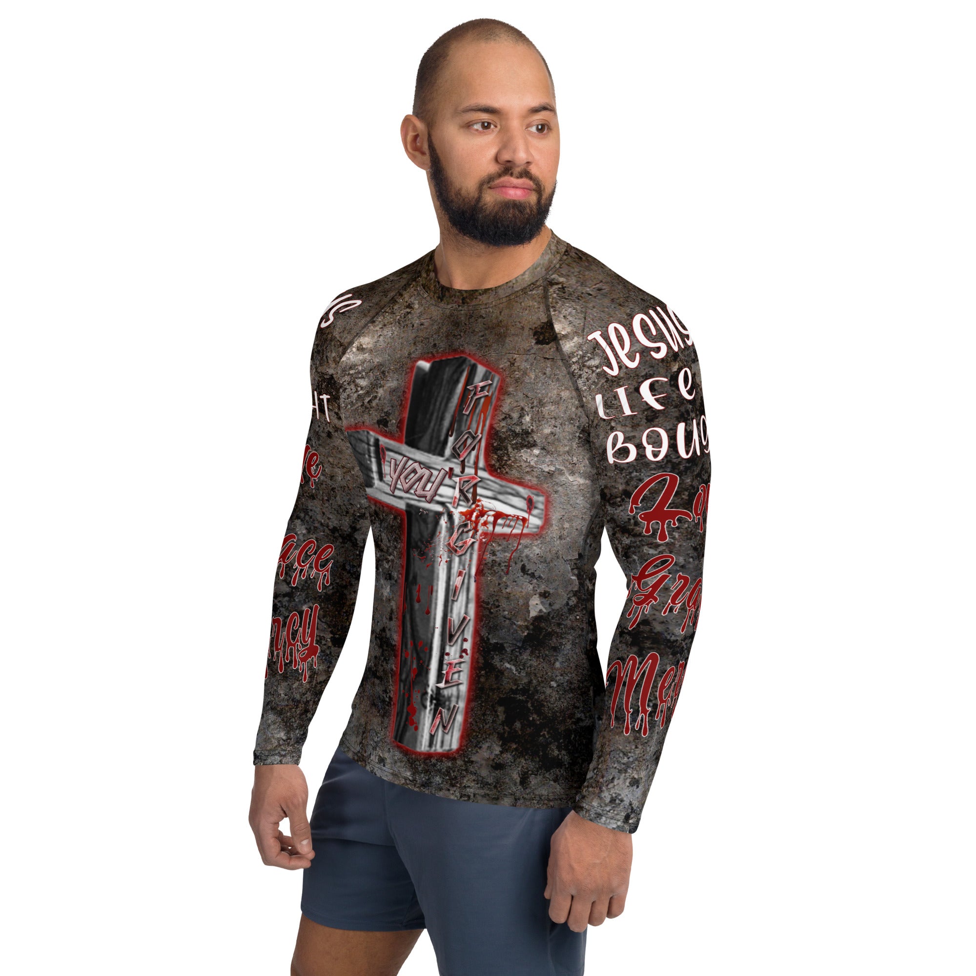 You're Forgiven By the Blood of JESUS AOP - (Men's Rash Guard Long Sleeve)