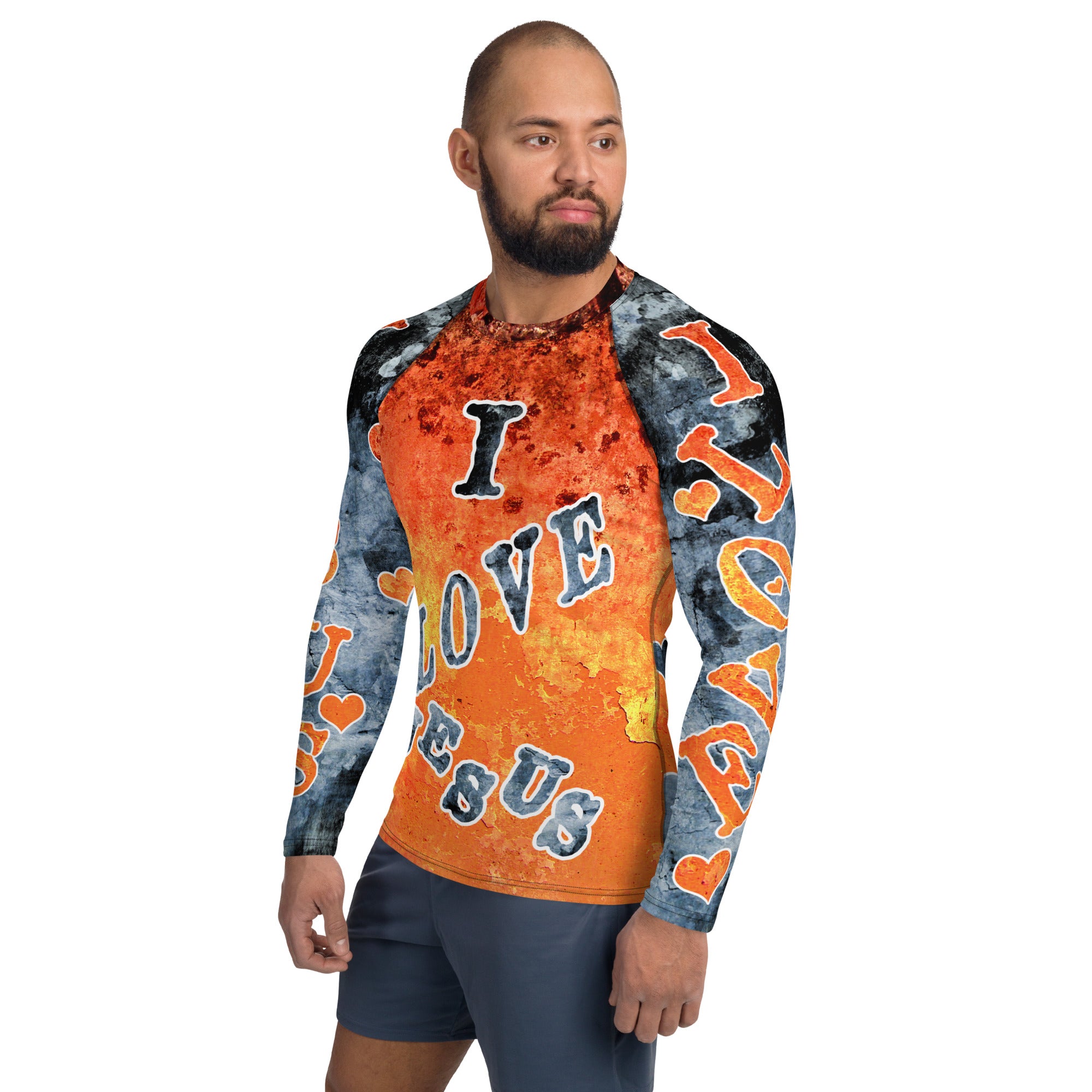 I Love Jesus w/Hearts Orange & Blue AOP - (Men's Rash Guard)