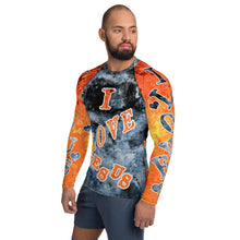 Load image into Gallery viewer, I Love Jesus w/Hearts Blue &amp; Orange AOP - (Men&#39;s Rash Guard)
