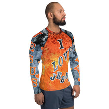 Load image into Gallery viewer, I Love Jesus w/Hearts Orange &amp; Blue AOP - (Men&#39;s Rash Guard)
