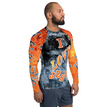 Load image into Gallery viewer, I Love Jesus w/Hearts Blue &amp; Orange AOP - (Men&#39;s Rash Guard)
