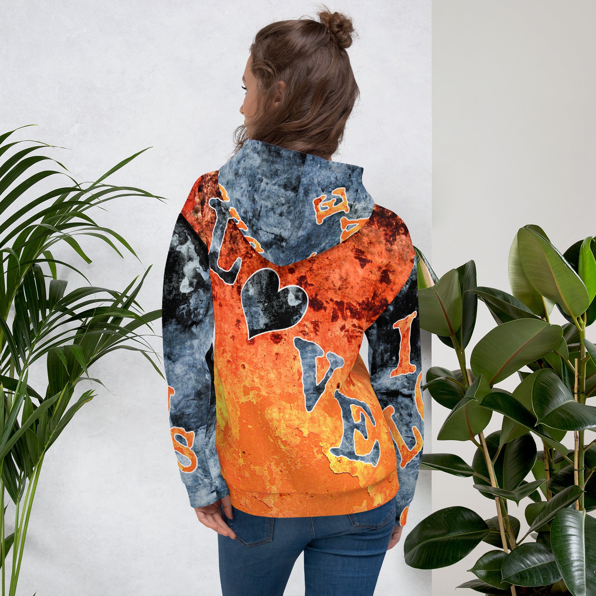 Jesus I Love AOP Orange Background Blue Letters -  (Unisex Hoodie) (Sizes Run Small)