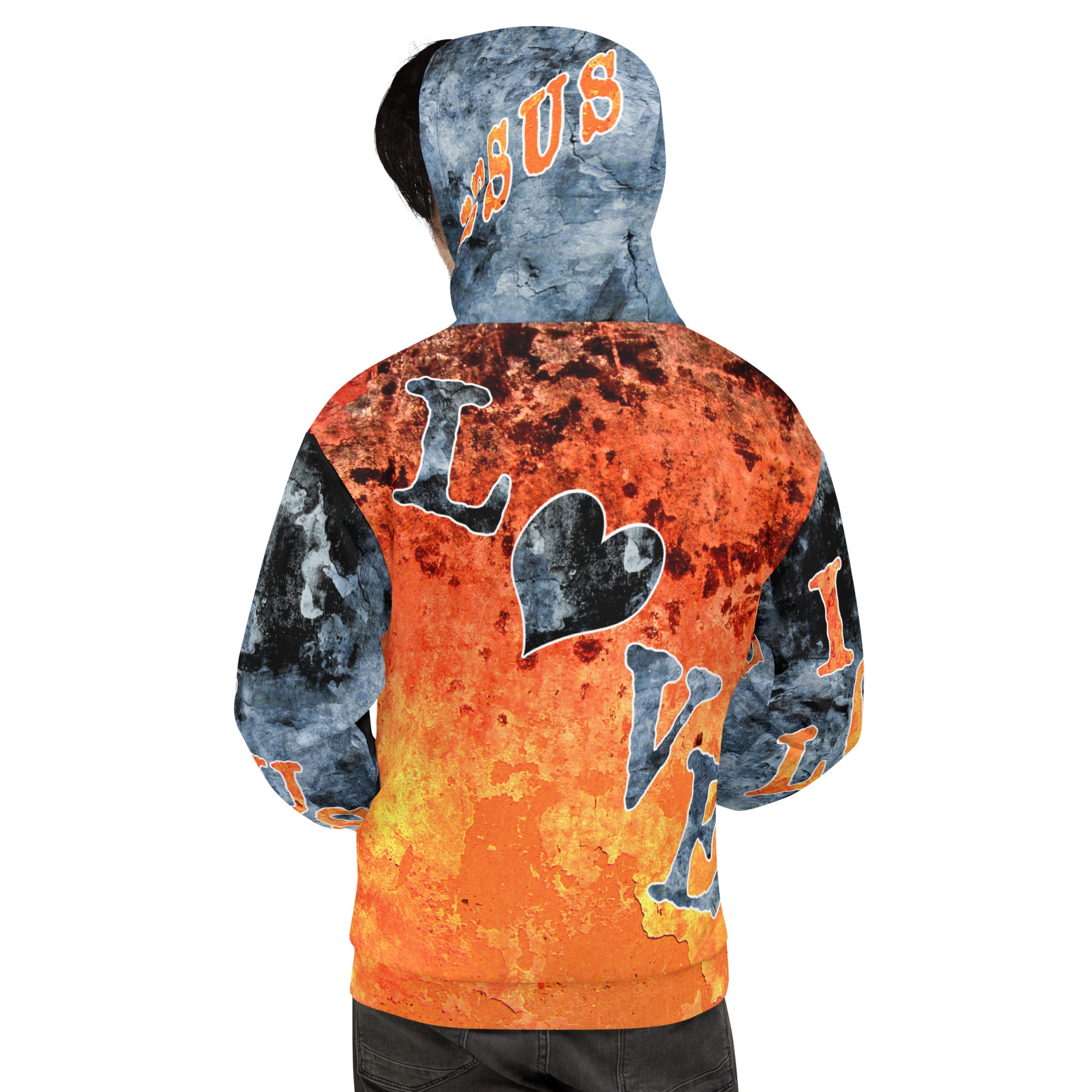 Jesus I Love AOP Orange Background Blue Letters -  (Unisex Hoodie) (Sizes Run Small)