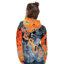 Load image into Gallery viewer, I Love Jesus w/Out Hearts Blue &amp; Orange Letters AOP (Unisex Hoodie)
