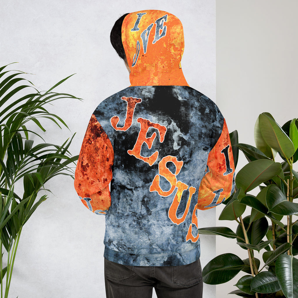I Love Jesus w/Out Hearts Blue & Orange Letters AOP (Unisex Hoodie) (Sizes Run Small)
