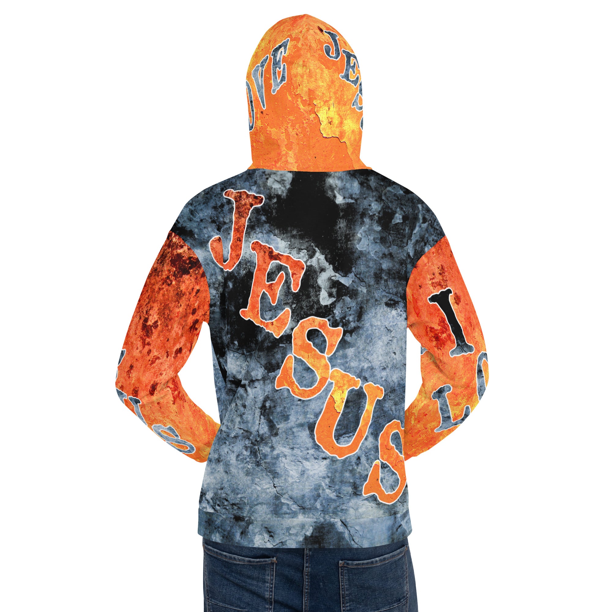 I Love Jesus w/Out Hearts Blue & Orange Letters AOP (Unisex Hoodie) (Sizes Run Small)