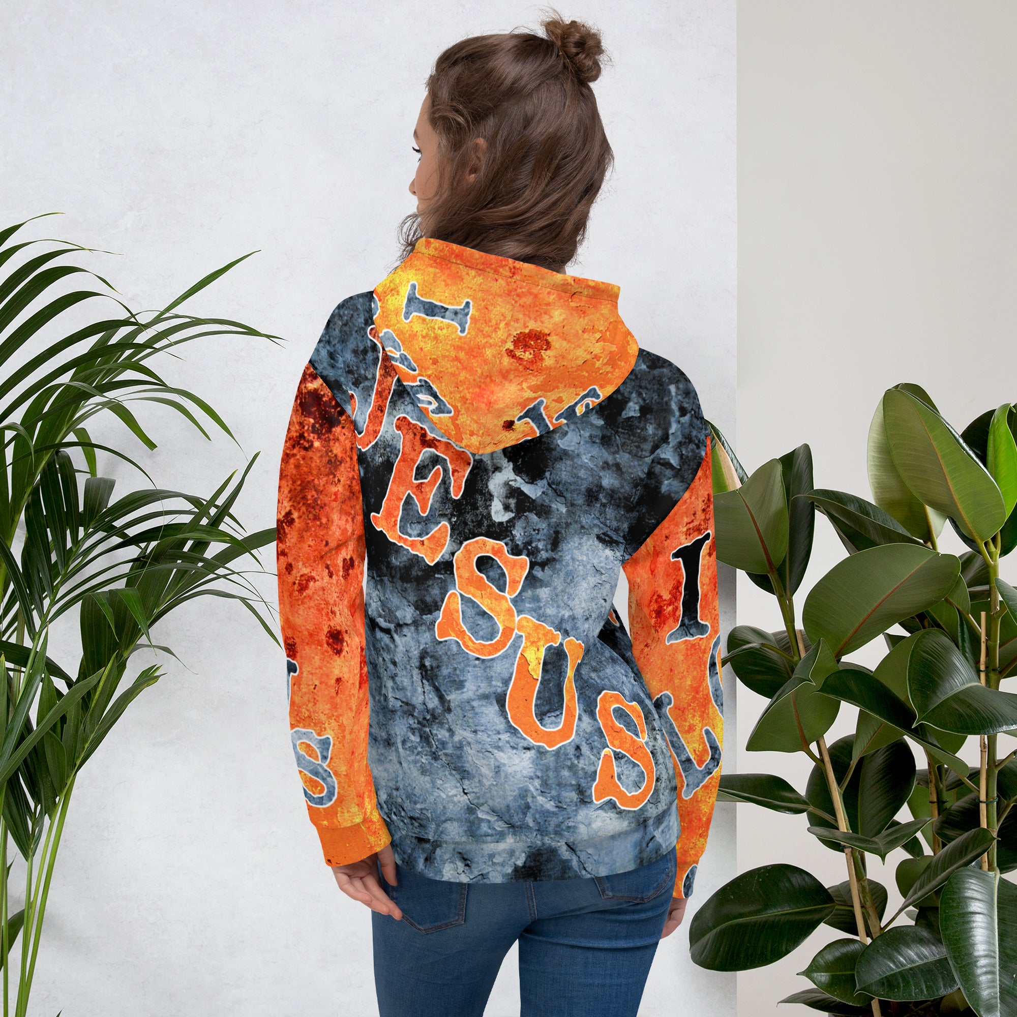I Love Jesus w/Out Hearts Blue & Orange Letters AOP (Unisex Hoodie) (Sizes Run Small)