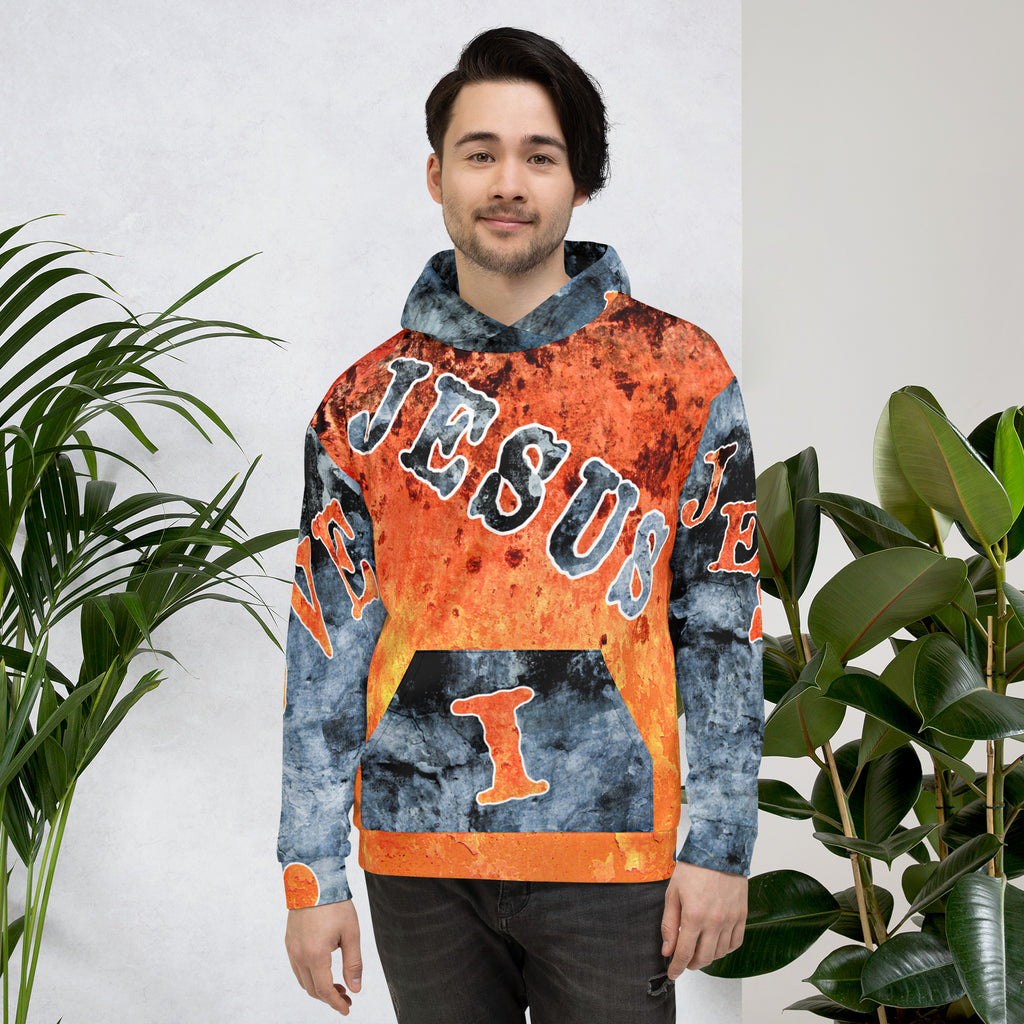 Jesus I Love AOP Orange Background Blue Letters -  (Unisex Hoodie) (Sizes Run Small)