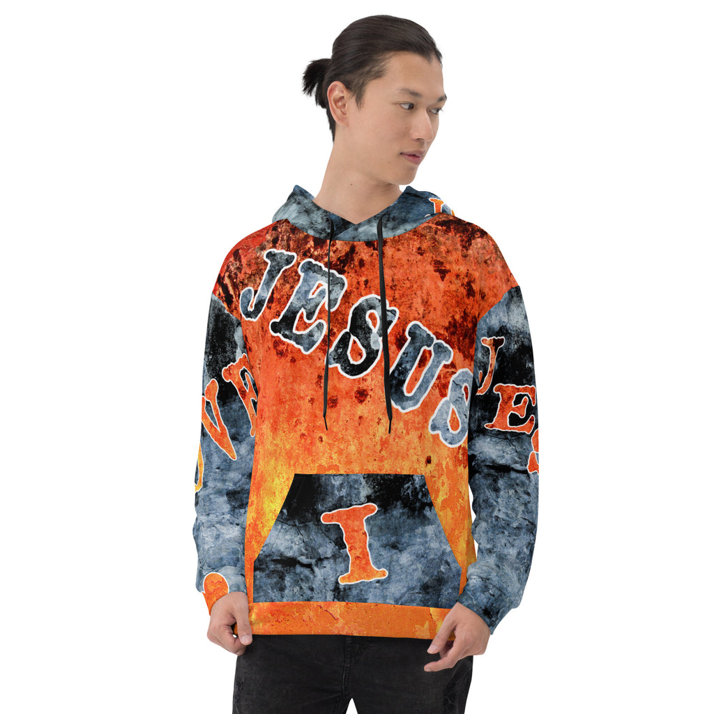 Jesus I Love AOP Orange Background Blue Letters -  (Unisex Hoodie) (Sizes Run Small)