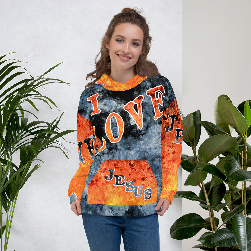 I Love Jesus w/Out Hearts Blue & Orange Letters AOP (Unisex Hoodie) (Sizes Run Small)
