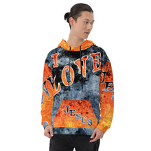 Load image into Gallery viewer, I Love Jesus w/Out Hearts Blue &amp; Orange Letters AOP (Unisex Hoodie)
