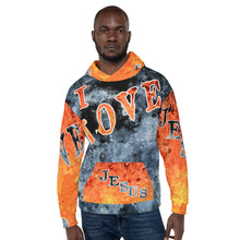 Load image into Gallery viewer, I Love Jesus w/Out Hearts Blue &amp; Orange Letters AOP (Unisex Hoodie)
