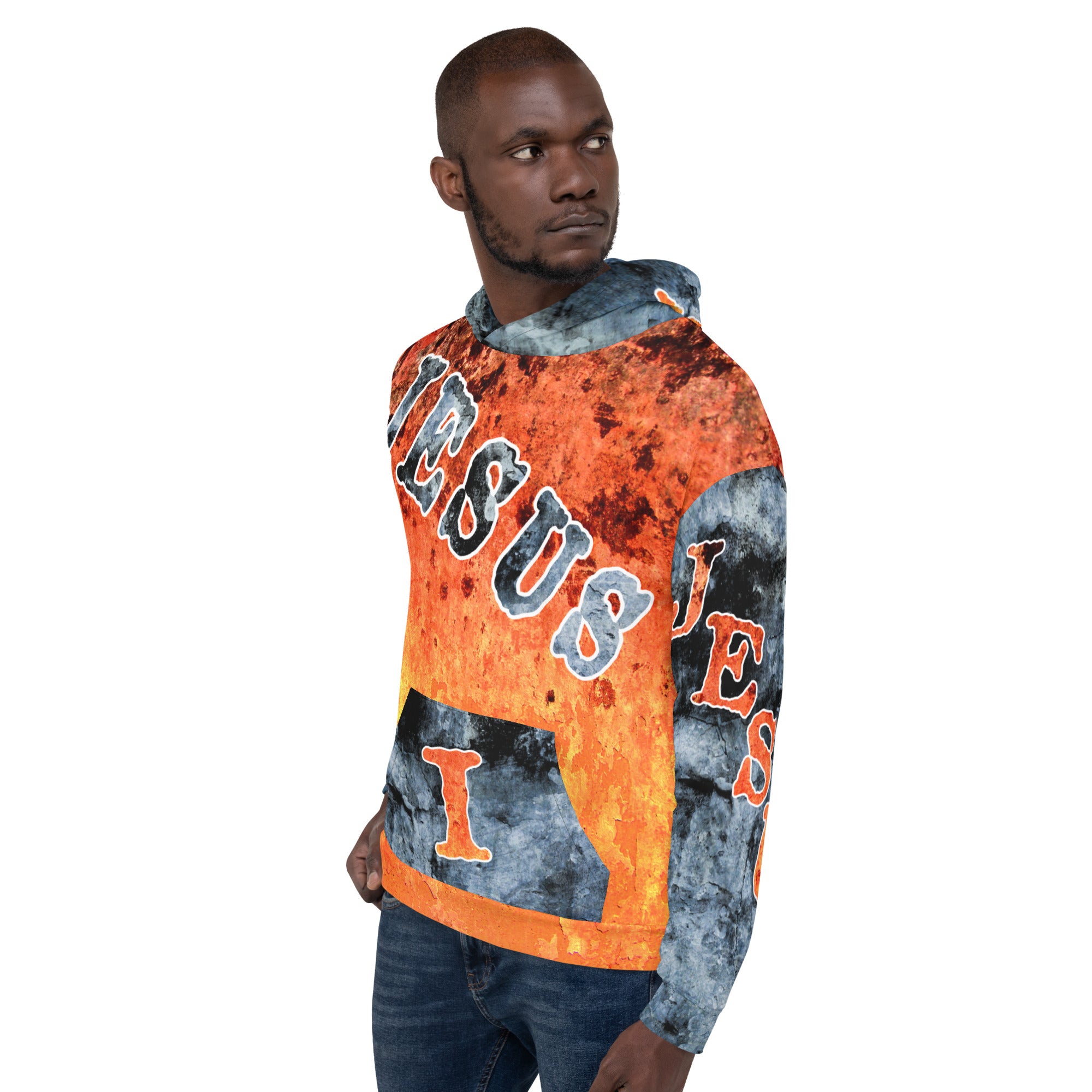 Jesus I Love AOP Orange Background Blue Letters -  (Unisex Hoodie) (Sizes Run Small)