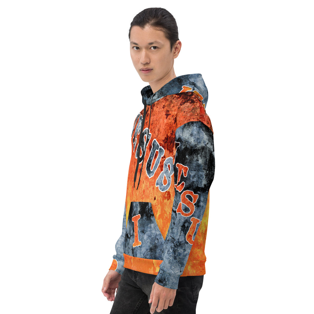 Jesus I Love AOP Orange Background Blue Letters -  (Unisex Hoodie) (Sizes Run Small)