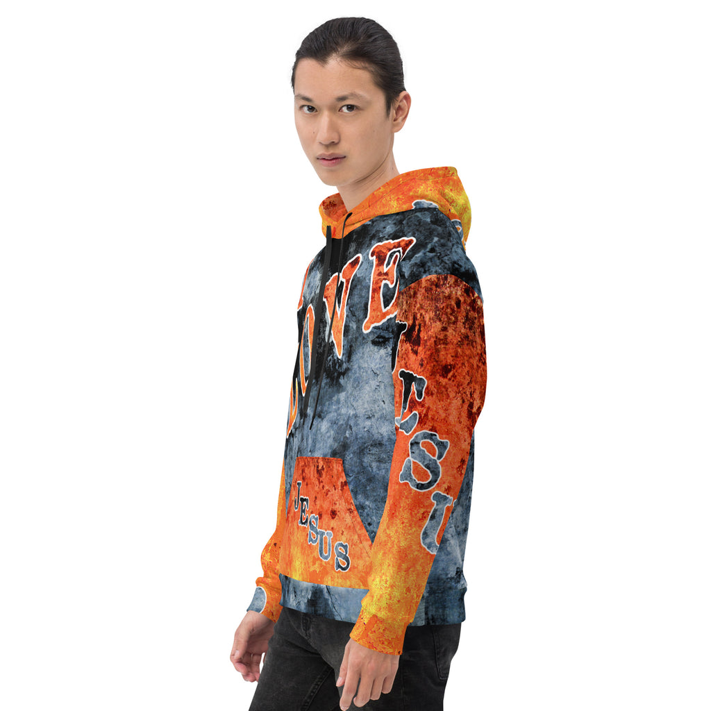 I Love Jesus w/Out Hearts Blue & Orange Letters AOP (Unisex Hoodie) (Sizes Run Small)