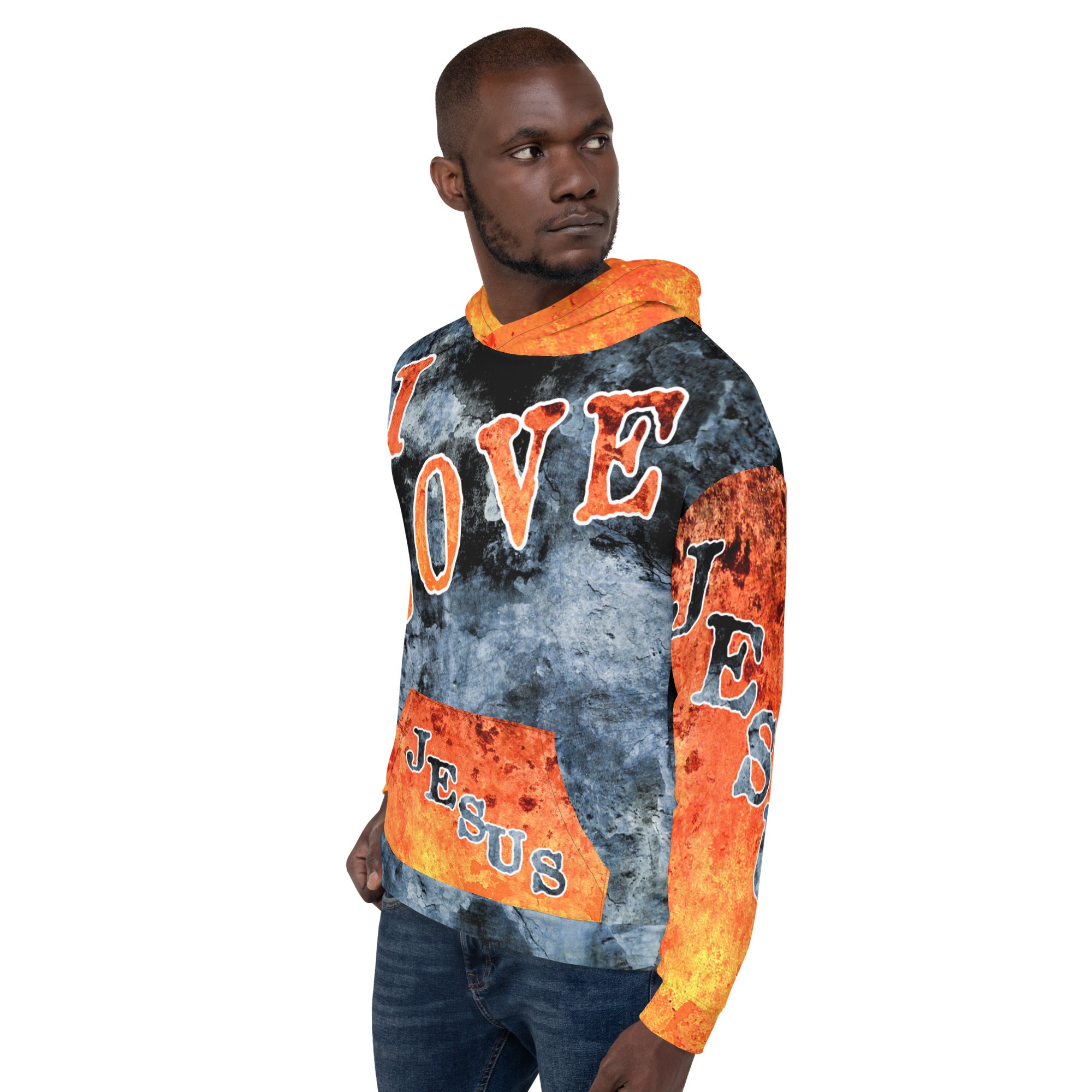 I Love Jesus w/Out Hearts Blue & Orange Letters AOP (Unisex Hoodie) (Sizes Run Small)