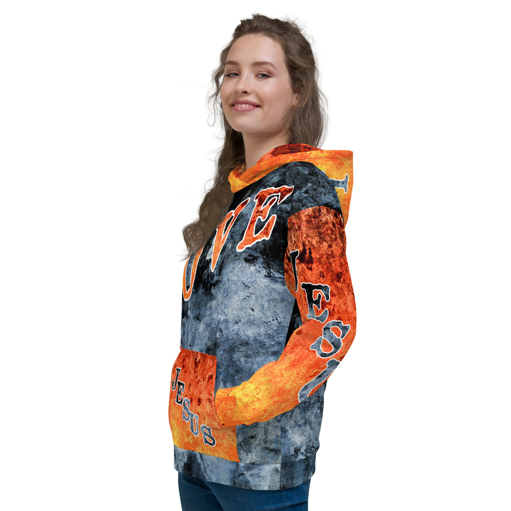 I Love Jesus w/Out Hearts Blue & Orange Letters AOP (Unisex Hoodie) (Sizes Run Small)