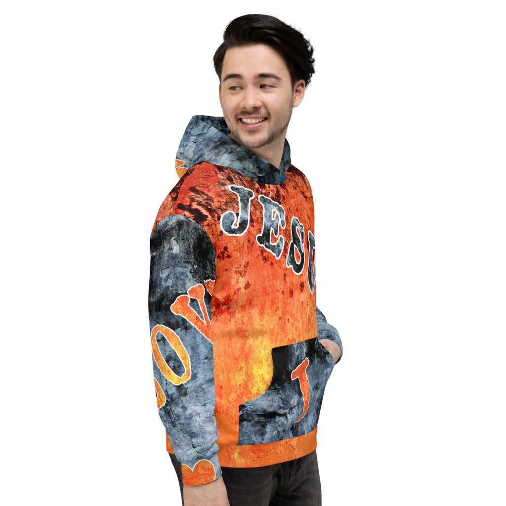 Jesus I Love AOP Orange Background Blue Letters -  (Unisex Hoodie) (Sizes Run Small)