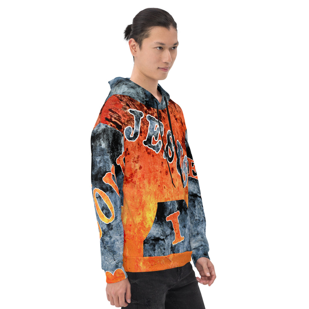 Jesus I Love AOP Orange Background Blue Letters -  (Unisex Hoodie) (Sizes Run Small)