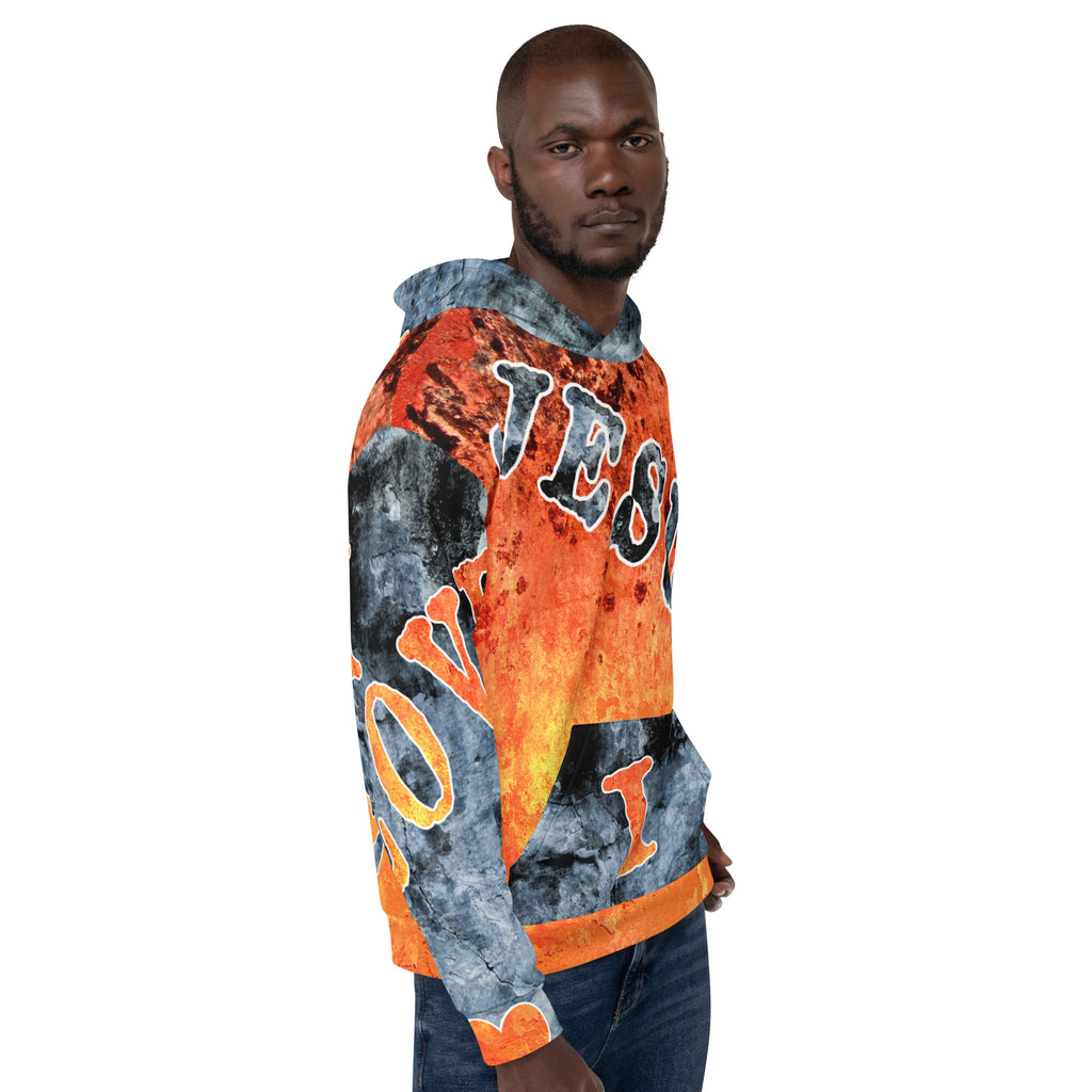 Jesus I Love AOP Orange Background Blue Letters -  (Unisex Hoodie) (Sizes Run Small)