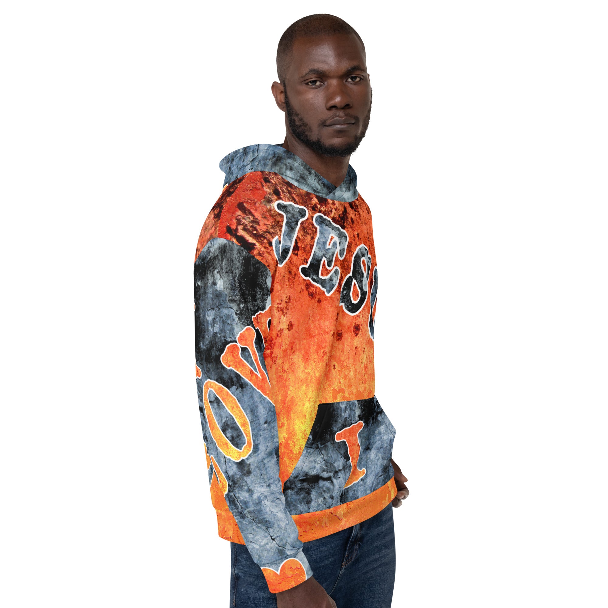 Jesus I Love AOP Orange Background Blue Letters -  (Unisex Hoodie) (Sizes Run Small)