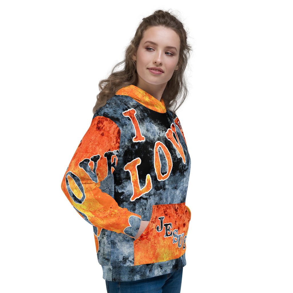 I Love Jesus w/Out Hearts Blue & Orange Letters AOP (Unisex Hoodie) (Sizes Run Small)