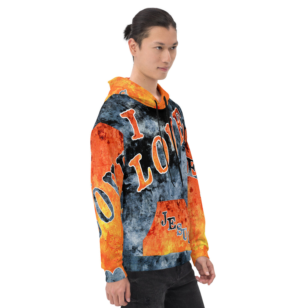 I Love Jesus w/Out Hearts Blue & Orange Letters AOP (Unisex Hoodie) (Sizes Run Small)