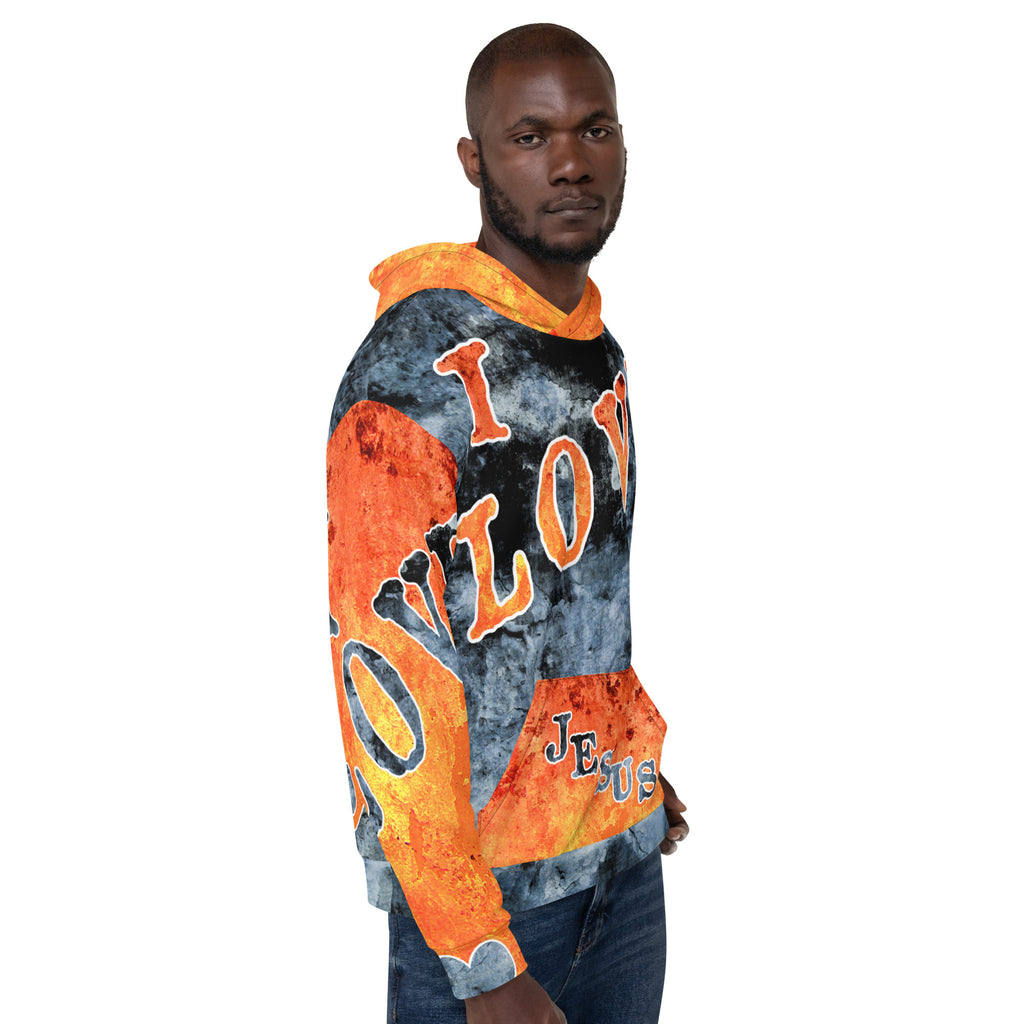 I Love Jesus w/Out Hearts Blue & Orange Letters AOP (Unisex Hoodie) (Sizes Run Small)