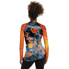 Load image into Gallery viewer, I Love Jesus w/Hearts Blue &amp; Orange AOP - Women&#39;s Rash Guard
