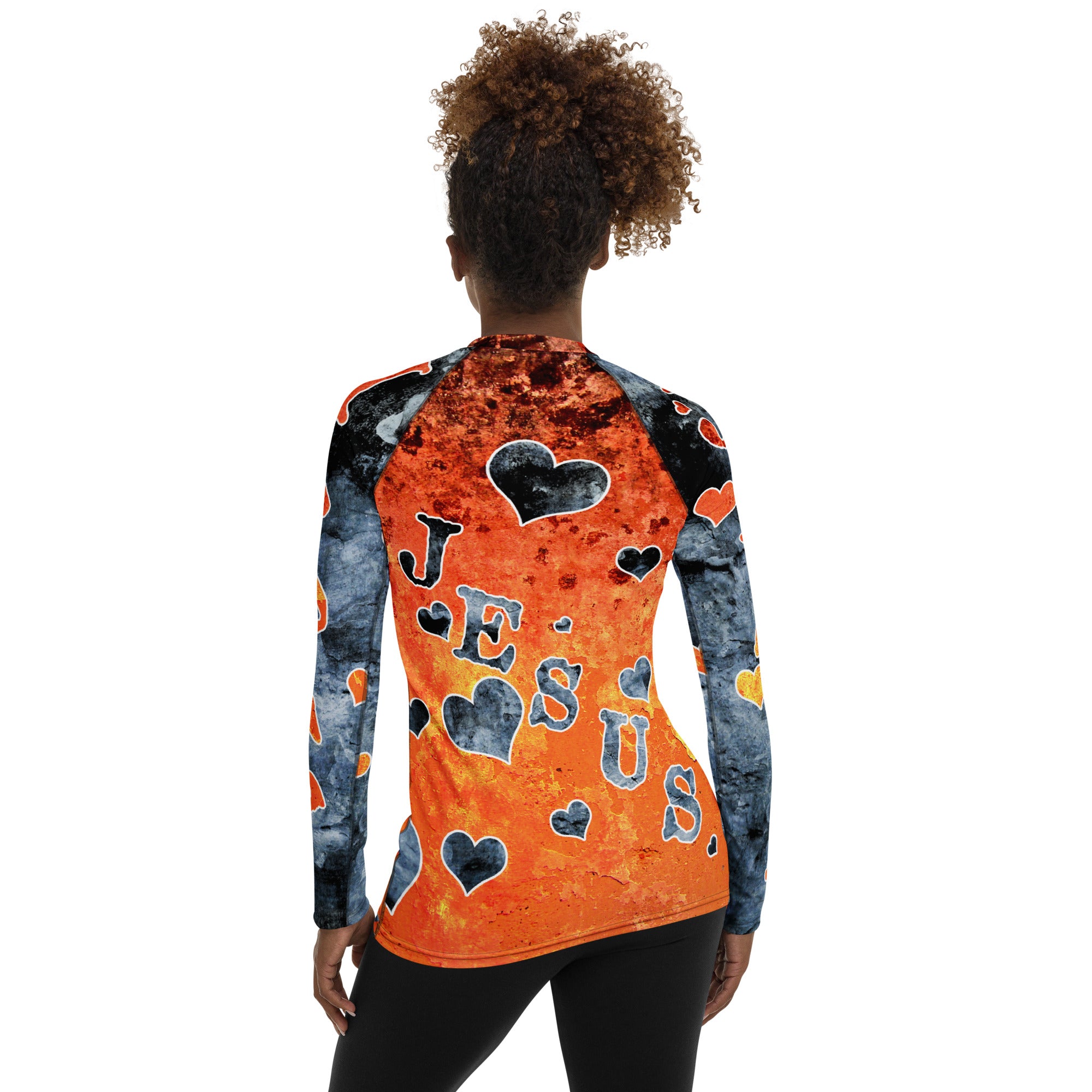 I Love Jesus w/Hearts - Orange & Blue Ltrs AOP (Women's Rash Guard)