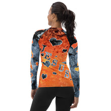 Load image into Gallery viewer, I Love Jesus w/Hearts - Orange &amp; Blue Ltrs AOP (Women&#39;s Rash Guard)
