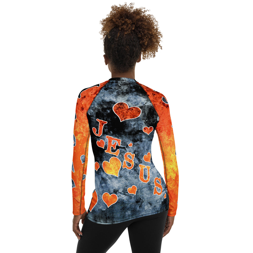 I Love Jesus w/Hearts - Blue & Orange Ltrs AOP (Women's Rash Guard)