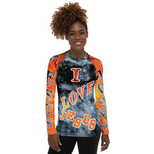 Load image into Gallery viewer, I Love Jesus w/Hearts Blue &amp; Orange AOP - Women&#39;s Rash Guard
