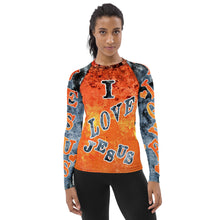 Load image into Gallery viewer, I Love Jesus w/Hearts - Orange &amp; Blue Ltrs AOP (Women&#39;s Rash Guard)
