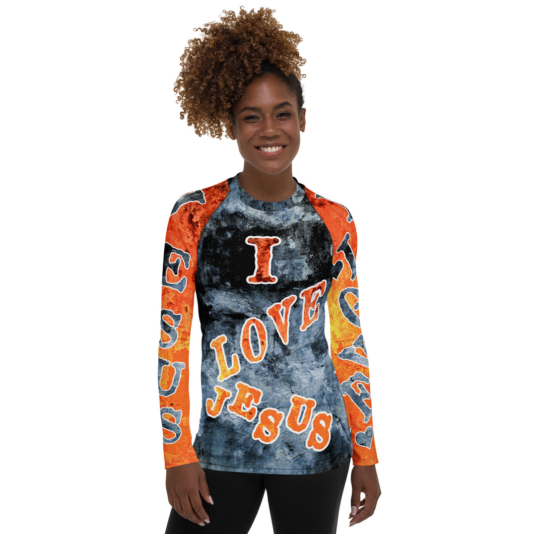 I Love Jesus w/Hearts - Blue & Orange Ltrs AOP (Women's Rash Guard)