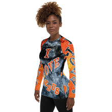 Load image into Gallery viewer, I Love Jesus w/Hearts Blue &amp; Orange AOP - Women&#39;s Rash Guard
