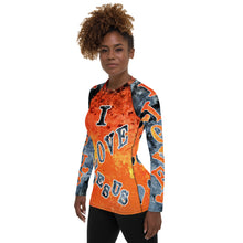 Load image into Gallery viewer, I Love Jesus w/Hearts - Orange &amp; Blue Ltrs AOP (Women&#39;s Rash Guard)
