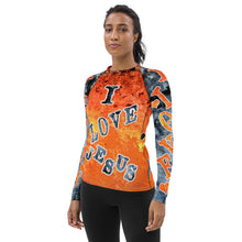 Load image into Gallery viewer, I Love Jesus w/Hearts - Orange &amp; Blue Ltrs AOP (Women&#39;s Rash Guard)
