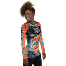 Load image into Gallery viewer, I Love Jesus w/Hearts Blue &amp; Orange AOP - Women&#39;s Rash Guard
