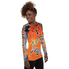 Load image into Gallery viewer, I Love Jesus w/Hearts - Orange &amp; Blue Ltrs AOP (Women&#39;s Rash Guard)
