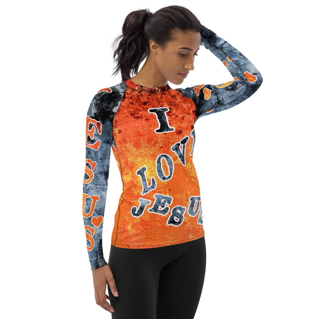 I Love Jesus w/Hearts - Orange & Blue Ltrs AOP (Women's Rash Guard)
