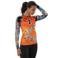 Load image into Gallery viewer, I Love Jesus w/Hearts - Orange &amp; Blue Ltrs AOP (Women&#39;s Rash Guard)
